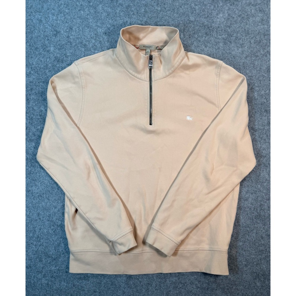 Burberry London Mens Quarter Zip Pullover Tan Beige Logo Large L Sweatshirt